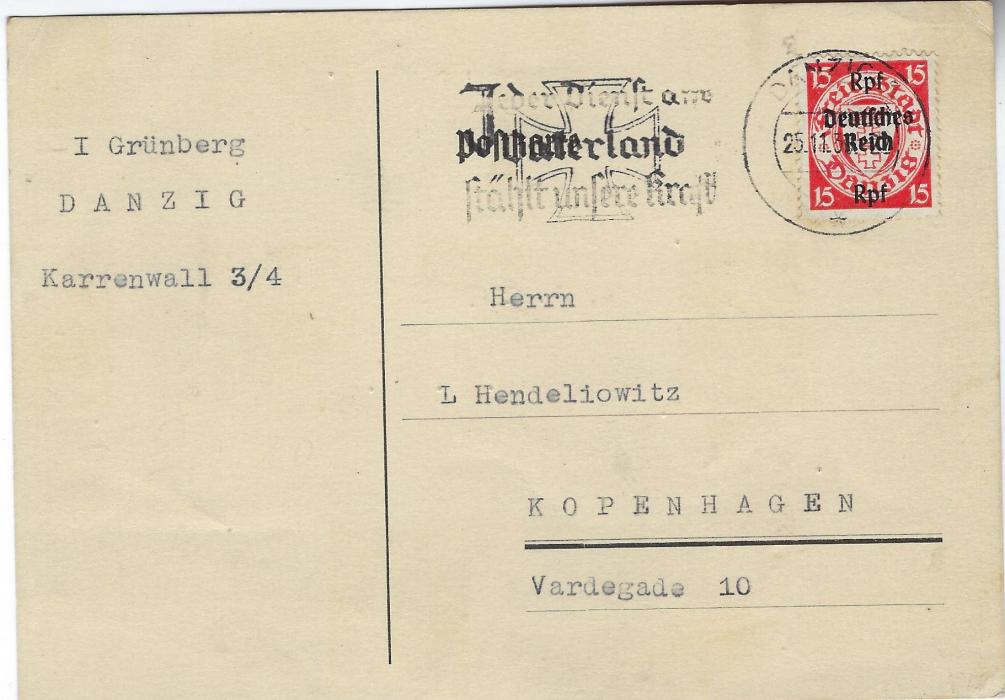 Germany (Danzig) 1939 (25.11.) plain card with type-written message to Copenhagen, Denmark franked at 15pf overseas postcard rate with Deutsches Reich overprinted 15pf. tied slogan cancel. A rare single franking.