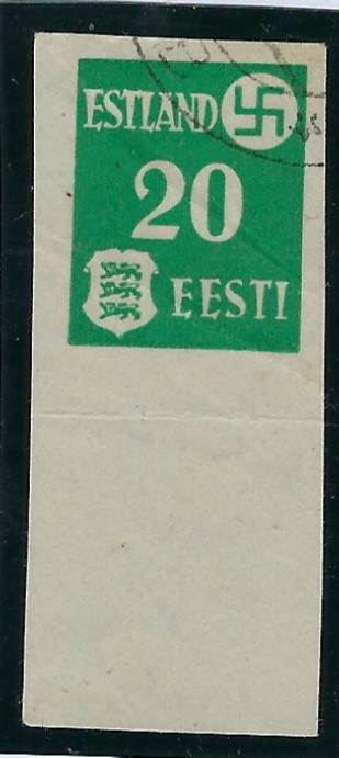 Estonia (German Occupation) 1941 20pf green imperf bottom marginal single with part cancel, horizontal crease below stamp, two light diagonal bends, Krischke BPP handstamp.