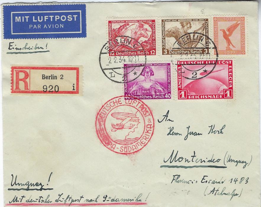 Germany (Airmail) 1934 (2.2.) registered cover to Montevideo, Uruguay endorsed “Mit deutscher Luftpost nach Sudamerika”, the franking including 1 RM Zeppelin and Wagner 40 + 35pf. tied Berlin C date stamps, red smudged air cachet, arrival backstamps.