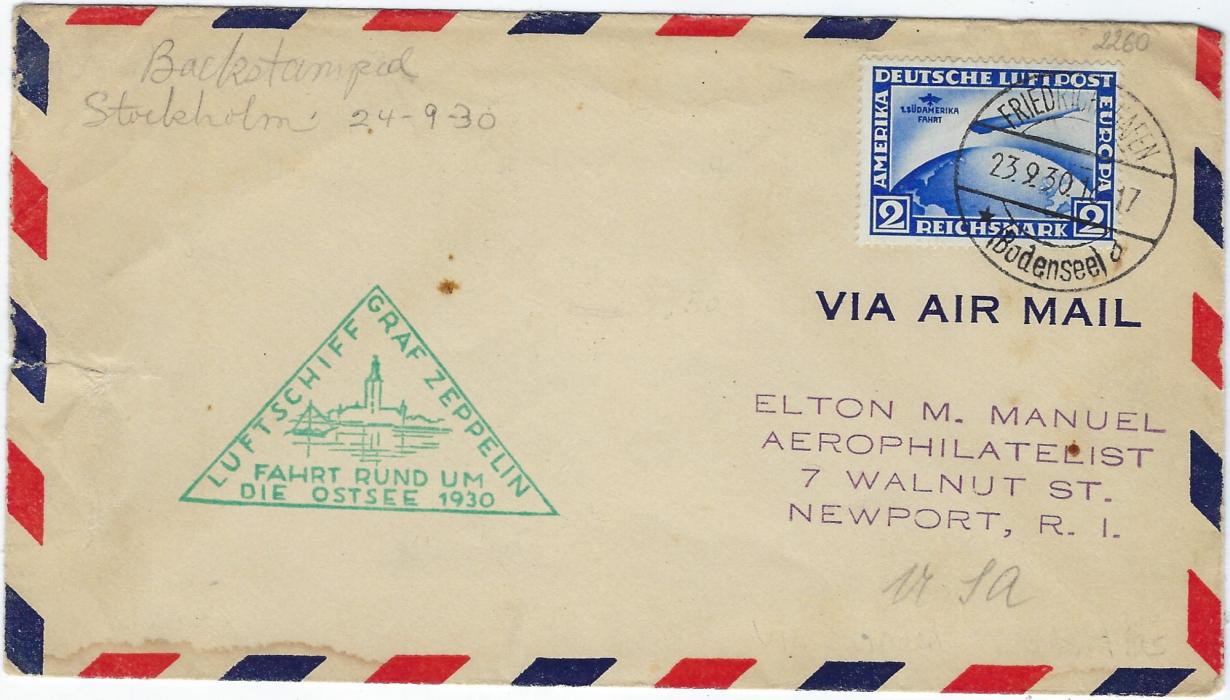 Germany (Airmail) 1930 (23.9.) zeppelin cover addressed to USA franked 2Rm South American Flight Zeppelin tied Friedrichshafen (Bodensee), green triangular cachet for Ostseefahrt., reverse with Stockholm backstamp of following day. A couple of tone spots and water staining at base.