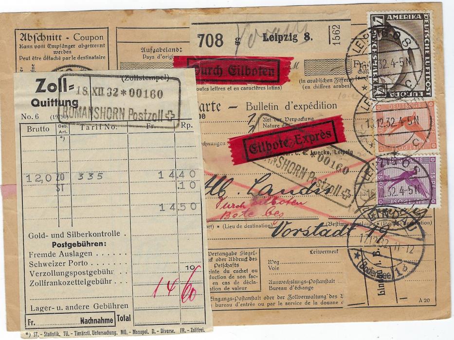 Germany (Airmail) 1932 express parcel card from Leipzig to Zug, Switzerland franked airmails 15pf. and 50pf. plus zeppelin 4Rm tied Leipzig O.8 cds, Lindau (Bodensee) transit of next day and Romanshorn Customs handstamp of the following day, arrival backstamp of 19th, central vertical fold, top right corner crease affecting zeppelin adhesive.