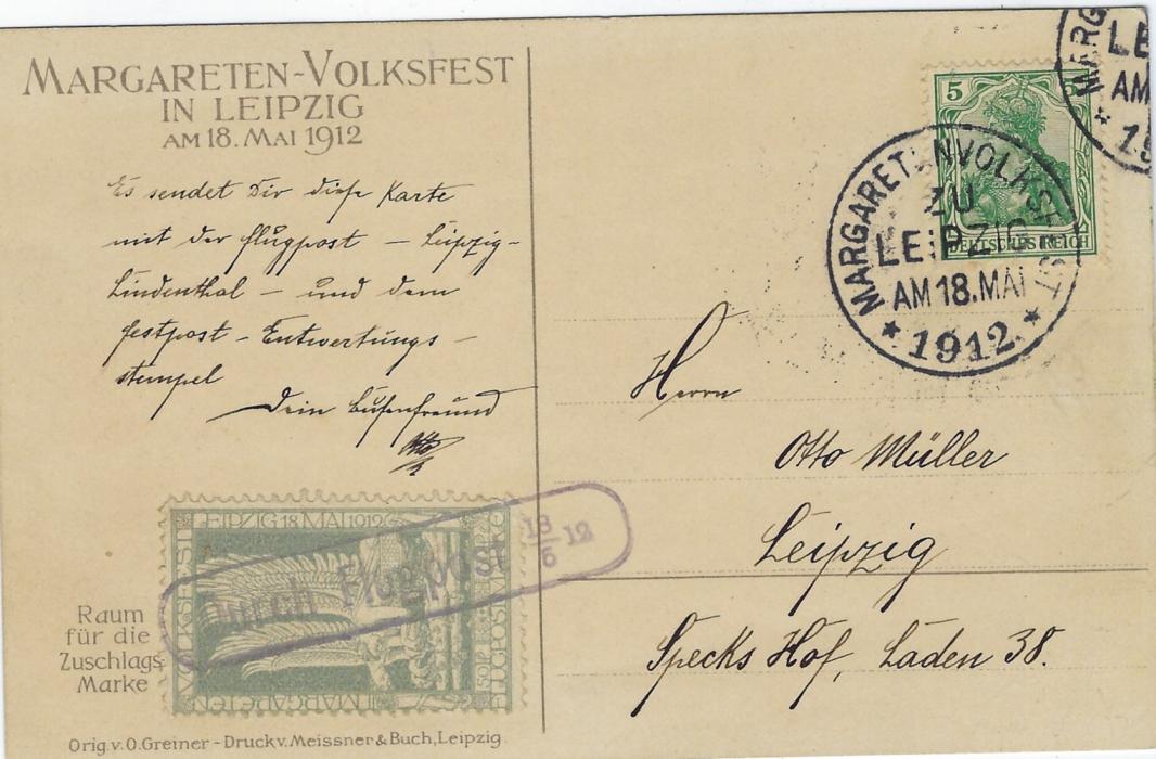 Germany (Airmail) 1912 Leipzig Margareten Volksfestes card used within Leipzig bearing 50pf grey-blue tied framed Durch Flugpost 18/5 12; very fine condition.