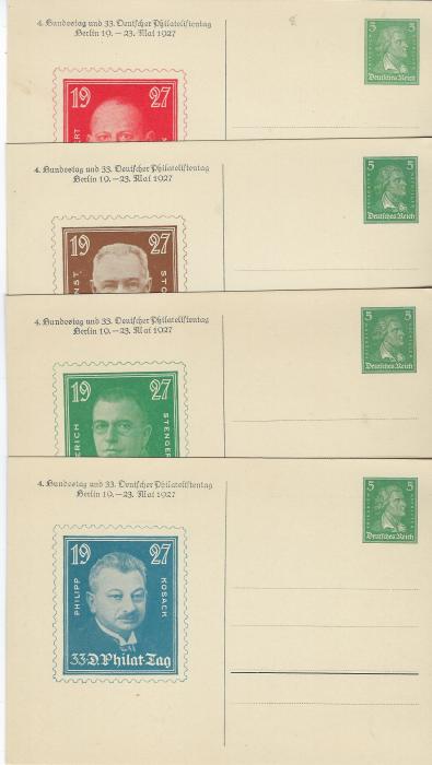 Germany (Private Postal Stationery) 1927 5pf. Schiller cards for 4. Bundestag and 33. Stamp Day set of 10 cards with a rather battered envelope; some cards with slightly bumped top right corners., fresh condition.