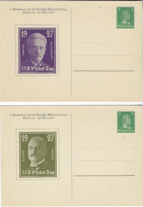 Germany (Private Postal Stationery) 1927 5pf. Schiller cards for 4. Bundestag and 33. Stamp Day set of 10 cards with a rather battered envelope; some cards with slightly bumped top right corners., fresh condition.