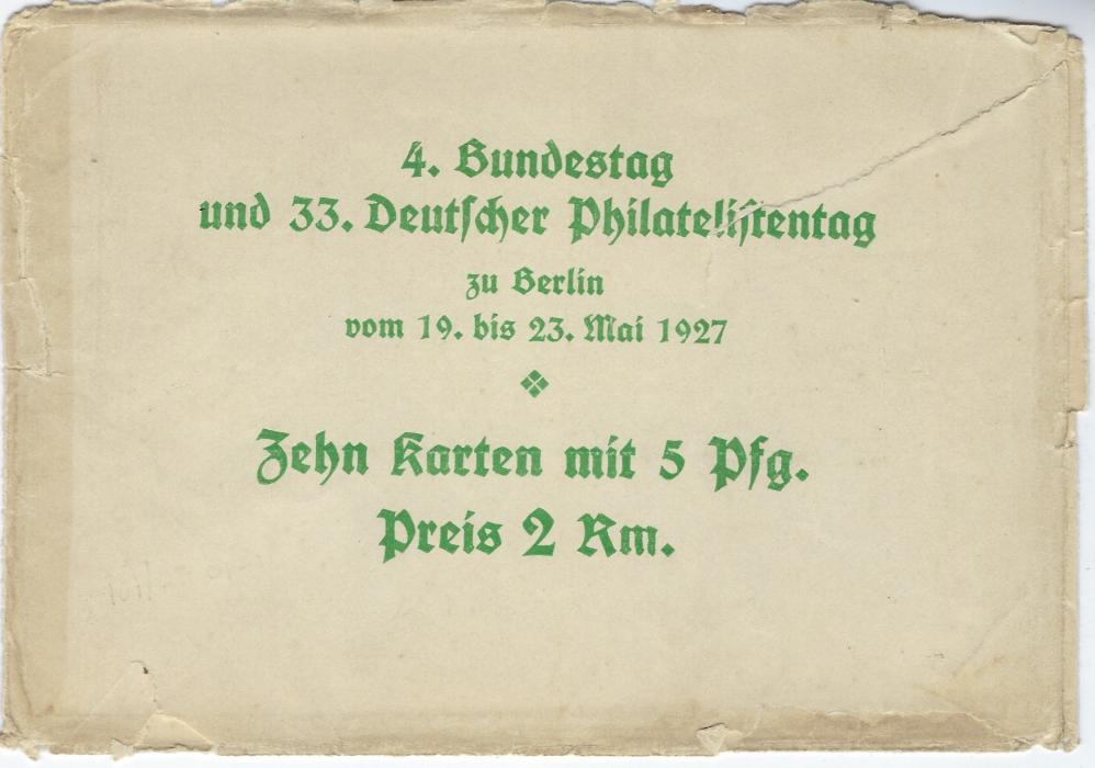 Germany (Private Postal Stationery) 1927 5pf. Schiller cards for 4. Bundestag and 33. Stamp Day set of 10 cards with a rather battered envelope; some cards with slightly bumped top right corners., fresh condition.