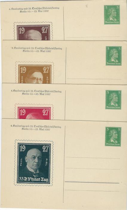 Germany (Private Postal Stationery) 1927 5pf. Schiller cards for 4. Bundestag and 33. Stamp Day set of 10 cards with a rather battered envelope; some cards with slightly bumped top right corners., fresh condition.