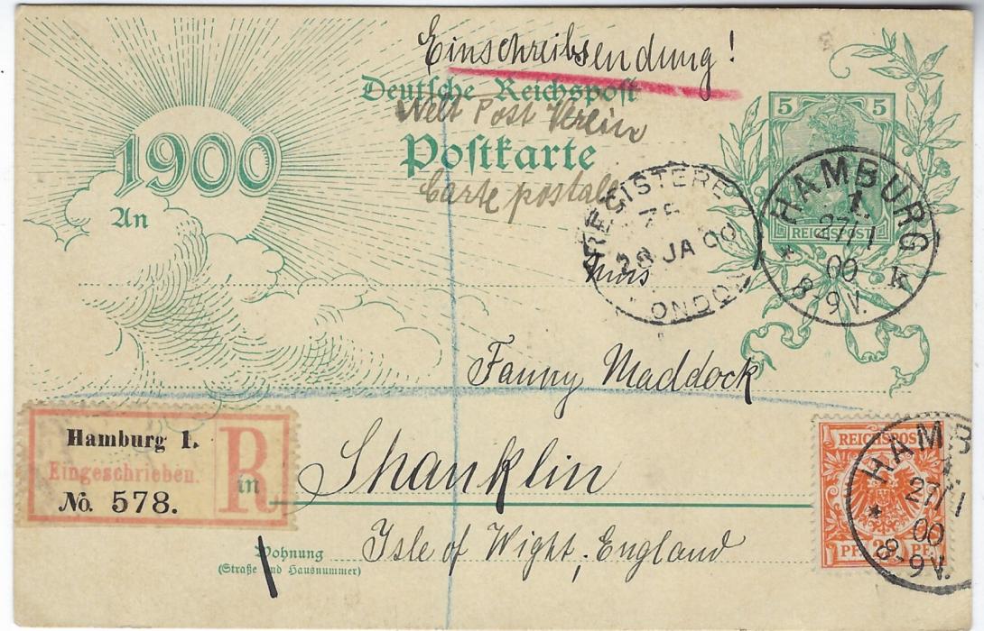 Germany 1900 (27/1) 5pf 1900 illustrated stationery card sebt registered from Hamburg to Shanklin, Isle of Wight additionally franked 25pf Arms tied cds, London transit. With message in English “this card must be registered because it is very likely that it else gets stolen. It’s given out only a few weeks”. 