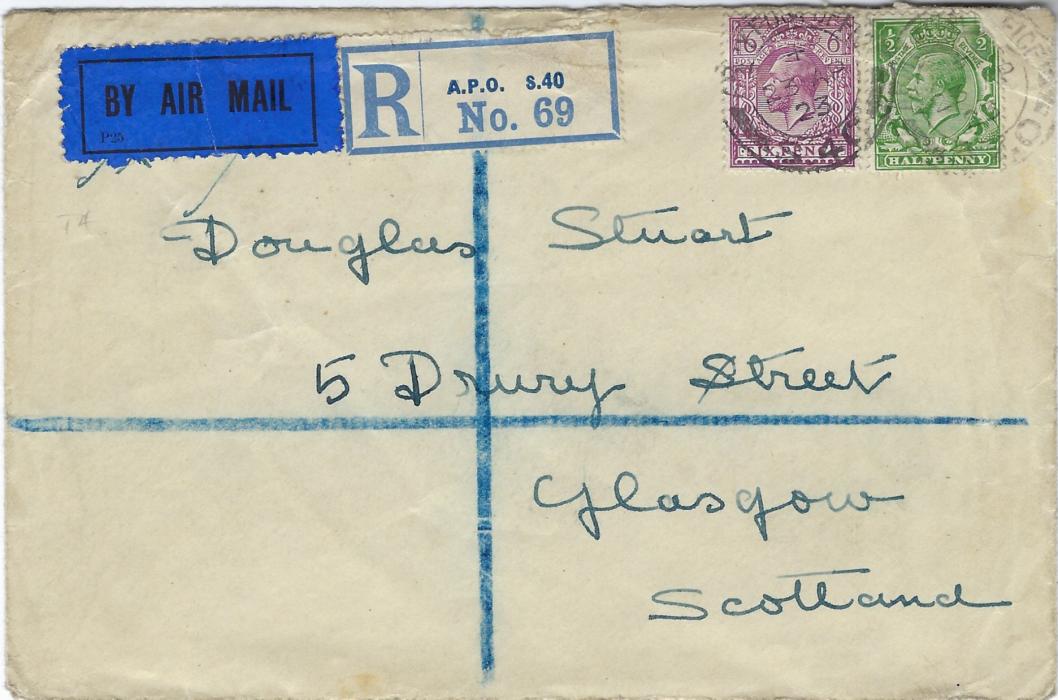 Germany (British Army Post Office) 1923 (23 AP) registered airmail cover to Glasgow granked KGV ½d. and 6d. tied Army Post Office S. 40 datestamps, further strike repeated on reverse together with violet oval British Rhine M.L./ Patrol Flotilla, Registered London transit; scarce cover but ½d. stamp damaged.