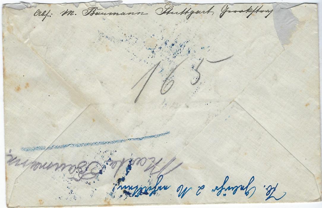 Germany (Submarine Mail) 1917 (17 Jan) cover from Stuttgart to Boston, USA, endorsed”Tauchbootsbrief” with 20pf. Germania, three-line Zuruck handstamp, Bremen 1/ T.B./ D.O.R. cds; some slight toning