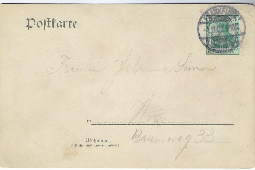 Germany 1902 5pf Germania picture stationery card for new Frankfurt Theatre with illustration of theatre and famous playwrights including Schiller, Goethe and Shakespeare, used with top left corner crease.