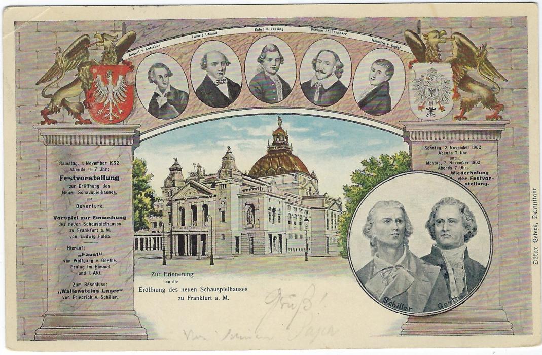 Germany 1902 5pf Germania picture stationery card for new Frankfurt Theatre with illustration of theatre and famous playwrights including Schiller, Goethe and Shakespeare, used with top left corner crease.