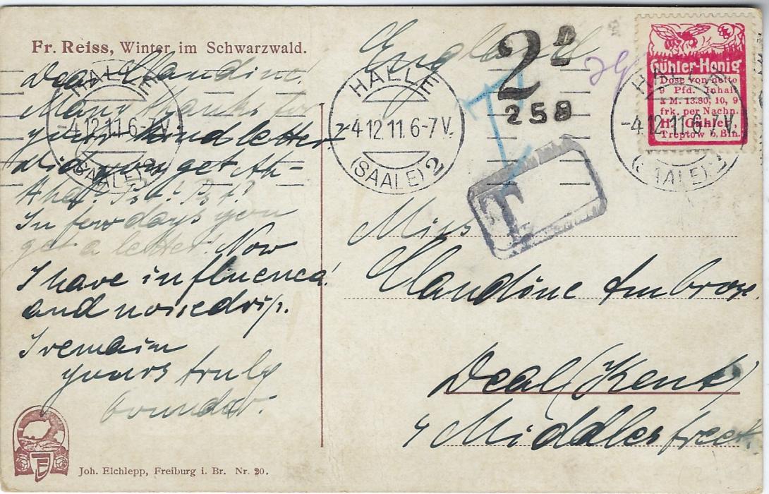 Germany 1911 picture postcard to England franked with a Honey Bee advertising label ex booklet (Mi. R21) tied Halle machine cancel with various postage due handstamps; unusual.