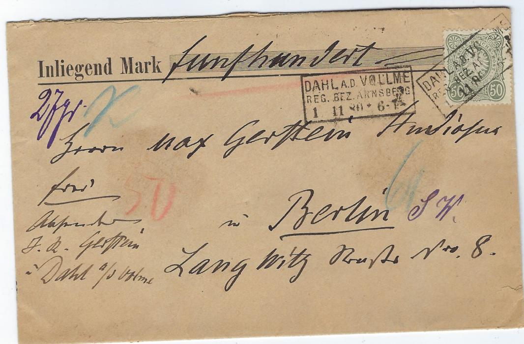 Germany 1880 insured cover for 500Mk to Berlin bearing single franking 50pfge grey-green (Mi 38) tied framed Dahl A.D. Vollme/ Reg. Bez. Arnsberg three-line date stamps, two illustrated red wax seals and arrival cds.
