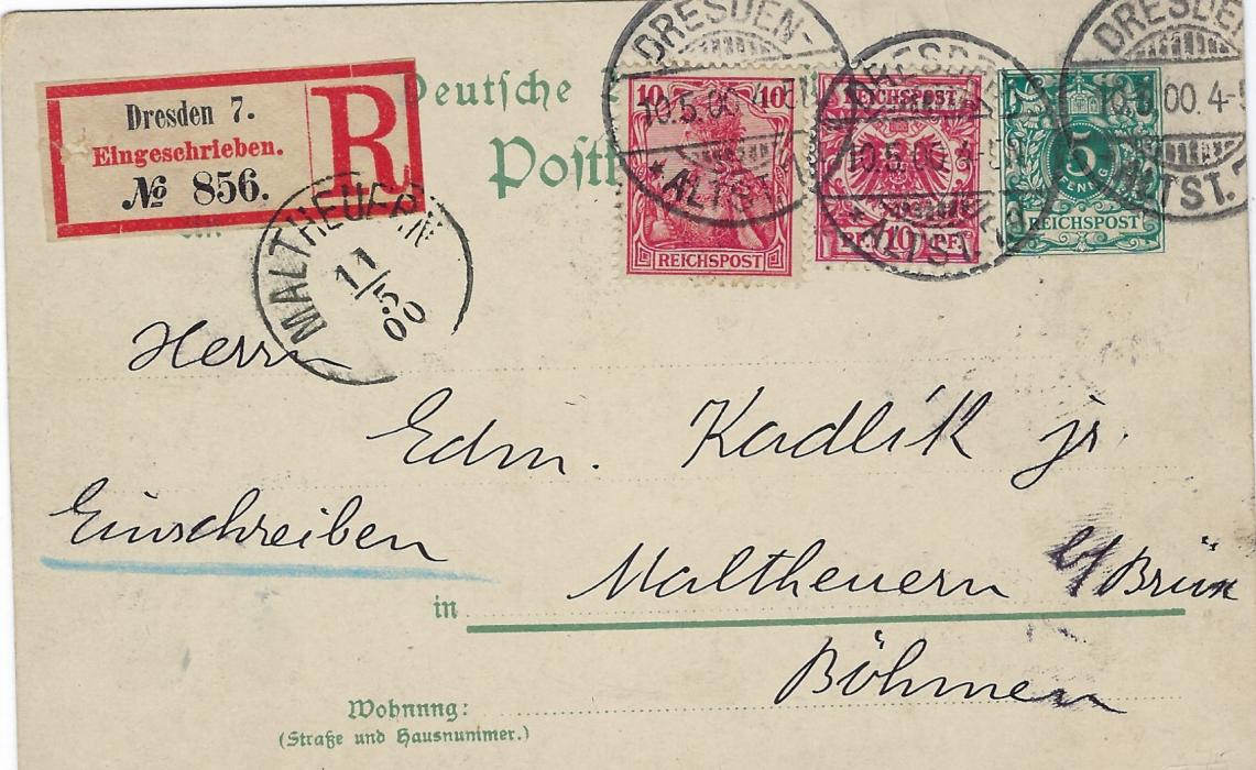 Germany 1900 5pf picture stationery card, Jubilaumspostkarte P9 (06) registered to Maltheuern additionally franked 10pf Armas and 10pf Germania tied Dresden cd, unusual registered usage.