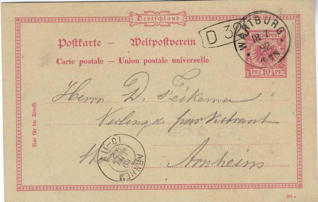 Germany (Picture Stationery) 1892 10pf card of Wartburg Castle used with Wartburg cds to Arnheim, Holland with arrival cds; fine condition.