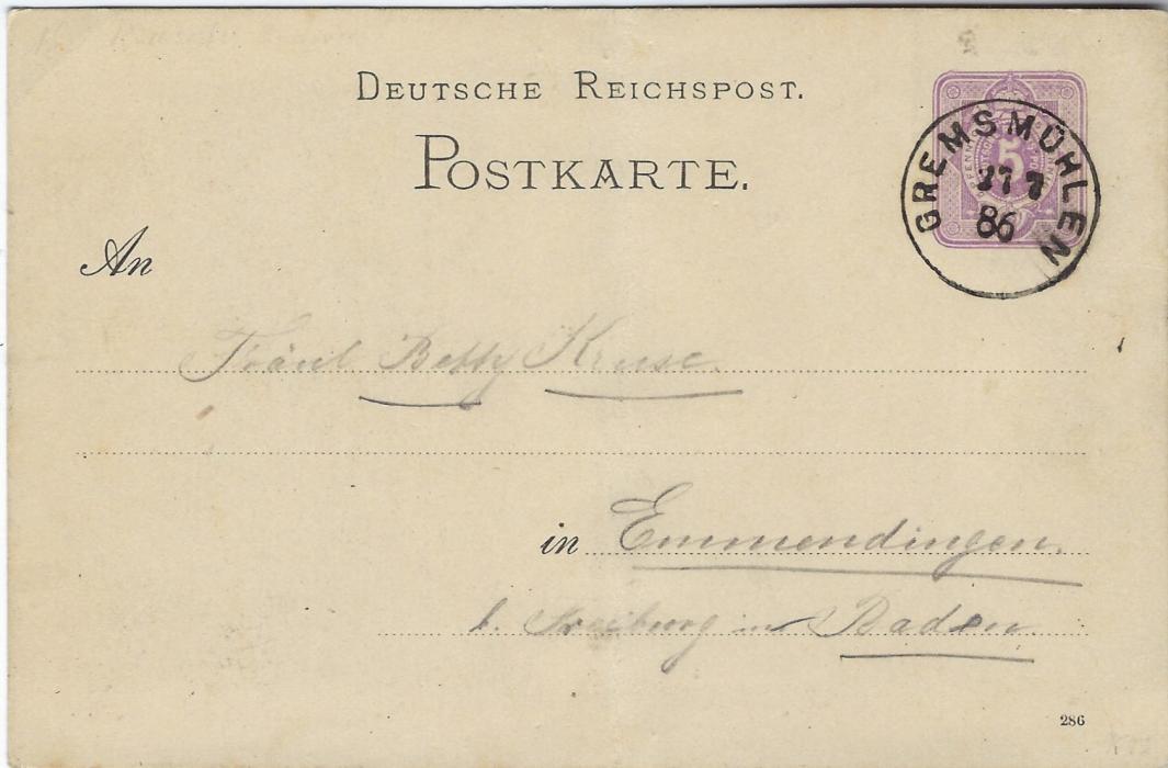 Germany (Picture Stationery) 1886 5pfg card Gruss vom Uglei used from Gremsmuhlen; light central vertical crease, fresh condition.