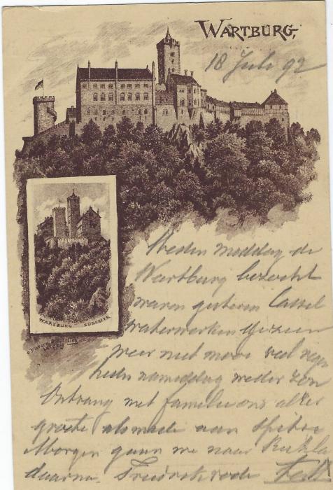 Germany (Picture Stationery) 1892 10pf card of Wartburg Castle used with Wartburg cds to Arnheim, Holland with arrival cds; fine condition.