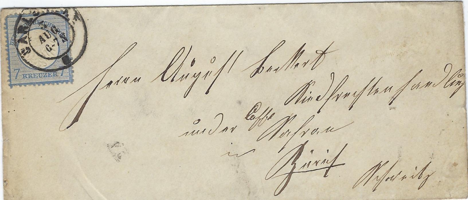 Germany 1872 (3 Aug) cover to Switzerland bearing single franking Small Shield 7Kr. tied Carlsruhe cds, arrival backstamp; slight ageing at left side and stamp with rounded top left corner.