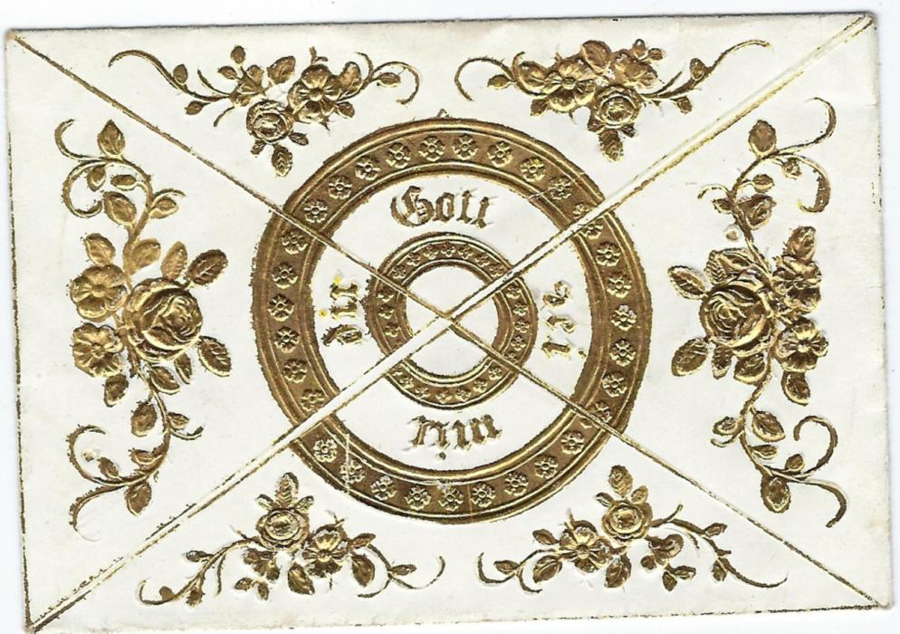 Germany 1858 highly decorated small Christening envelope with much gold decoration, inscribed at centre Erinnerung/ an den Tag Deiner Weihe/ im Christenlund. With a small enclosure with manuscript date.