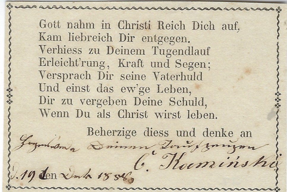 Germany 1858 highly decorated small Christening envelope with much gold decoration, inscribed at centre Erinnerung/ an den Tag Deiner Weihe/ im Christenlund. With a small enclosure with manuscript date.