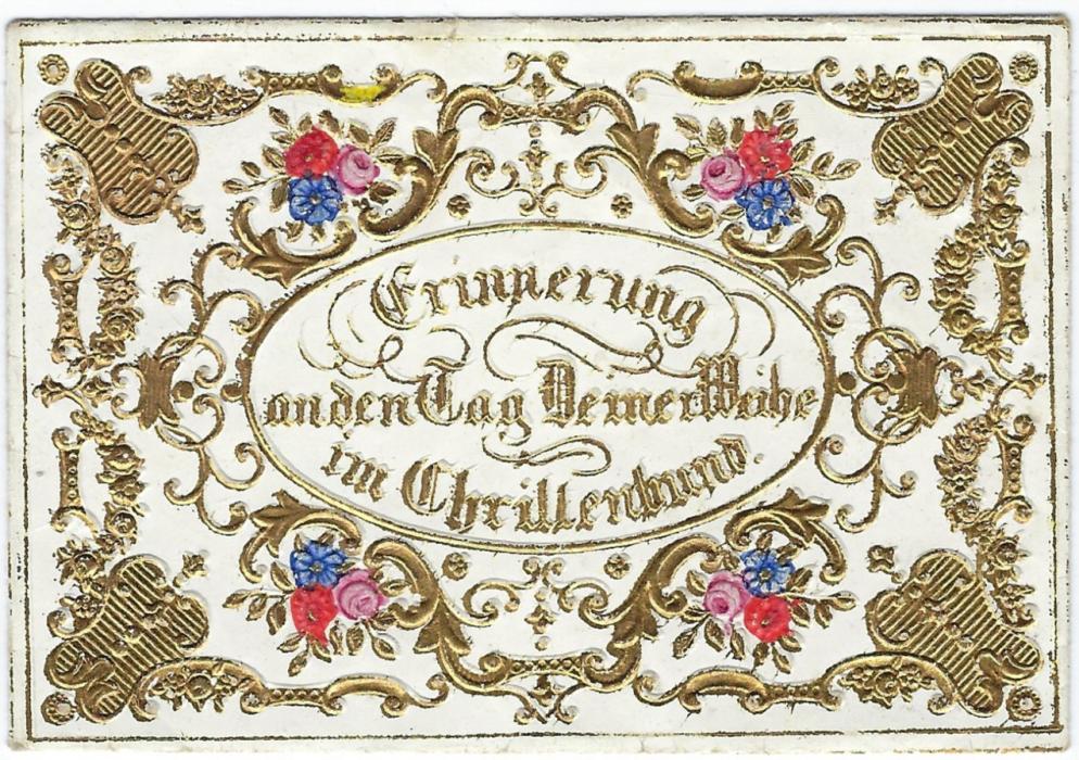 Germany 1858 highly decorated small Christening envelope with much gold decoration, inscribed at centre Erinnerung/ an den Tag Deiner Weihe/ im Christenlund. With a small enclosure with manuscript date.