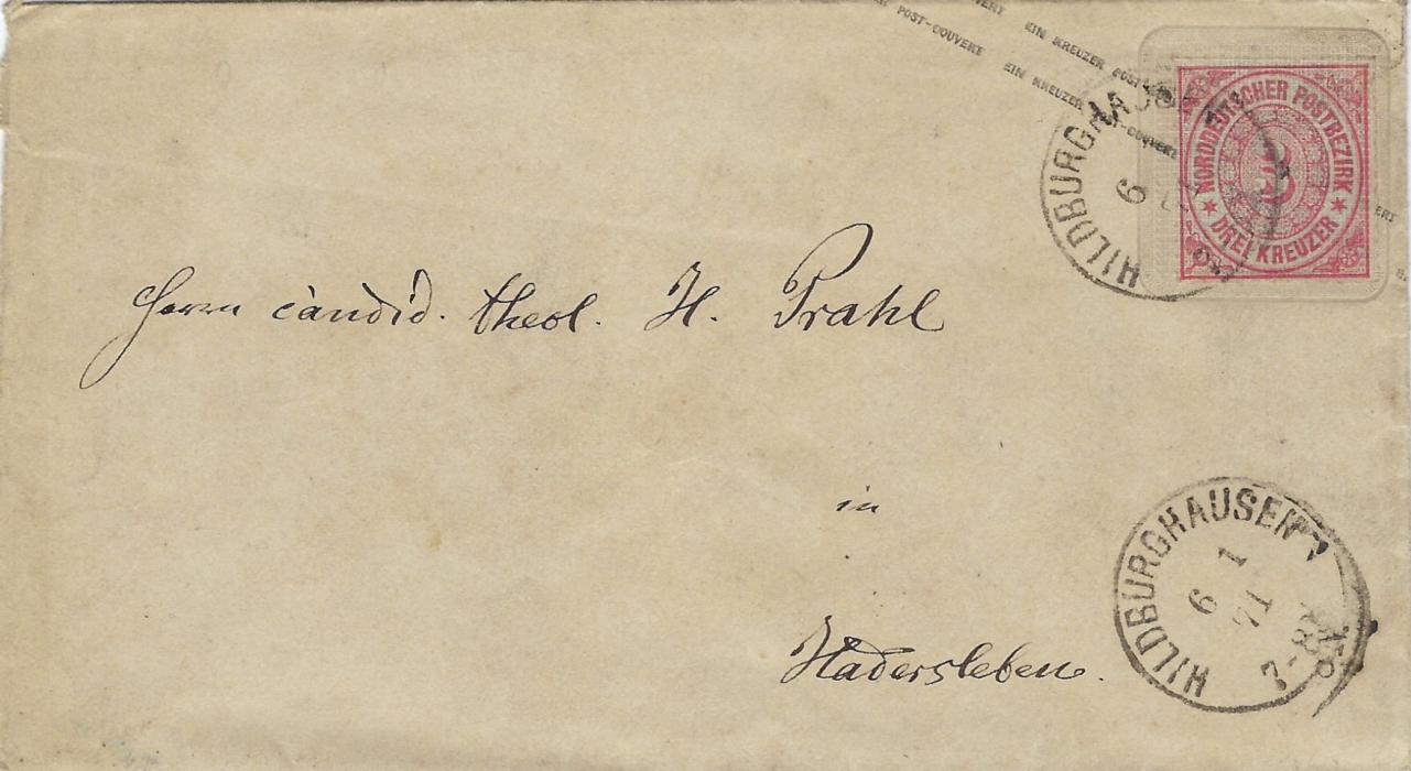 Germany (North German Confederation) 1871 3Kr rose on Prussia 1Kr. green stationery envelope with Hildburghausen cds; good condition.