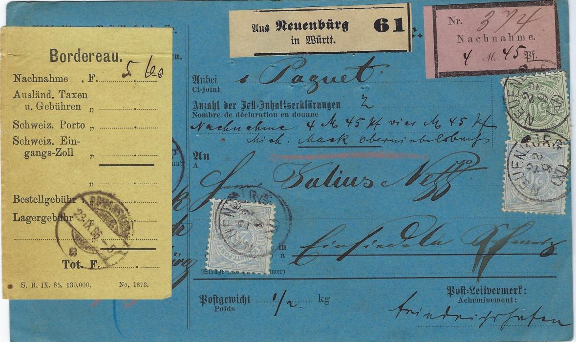 Germany (Wurttemberg) 1886 (22.9)insured parcel card for 4m45pf to Switzerland franked two 20pf and a 50pf. grey-green tied Neuenburg cds; some pinholes towards top otherwise fine