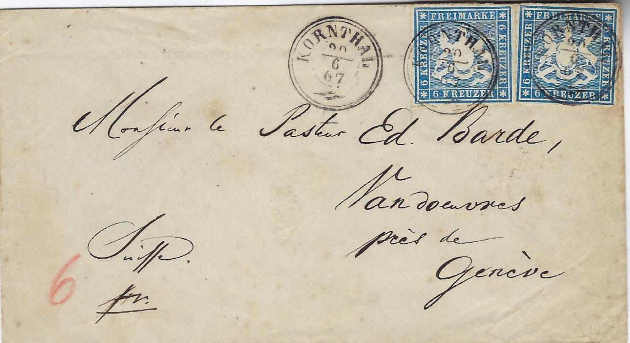 Germany (Wurttemberg) 1867 (20/6) cover to Vandoeuvres, Geneva franked two 1865 rouletted 6Kr. blue each tied by Kornthal cds, transit and arrival backstamps; some slight ageing.