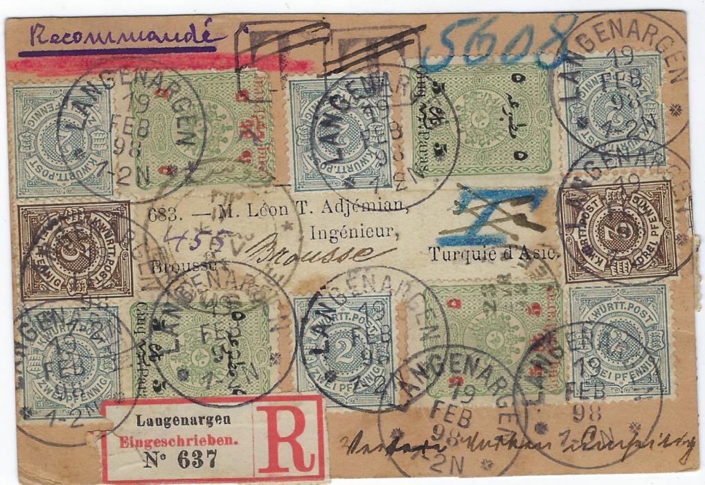 Germany (Wurttemberg) 1898 (19 Feb) registered card  to Brousse bearing a multi-franked, philatelically inspired underfranking from Langenargen, T handstamps and a blue manuscript erased in pen as reverse with 3pf. and 10pf. cancelled only on arrival, further transit on front together with arrival cds; striking item.
