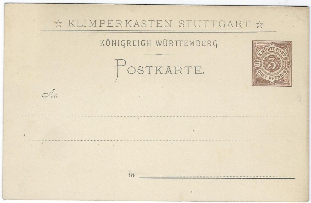 Germany (Wurttemberg) 1897 3pf ‘Klimperkasten Ball’ (PP10 – C12) In the Woods and on the Heath unused; some ageing down left edge.