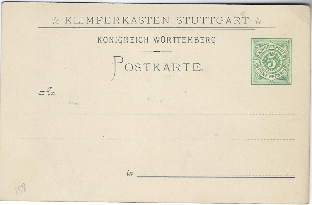Germany (Wurttemberg) 1897 5pf ‘Klimperkasten Ball’ (PP11 – C25) In the Woods and on the Heath unused; some ageing down left edge.