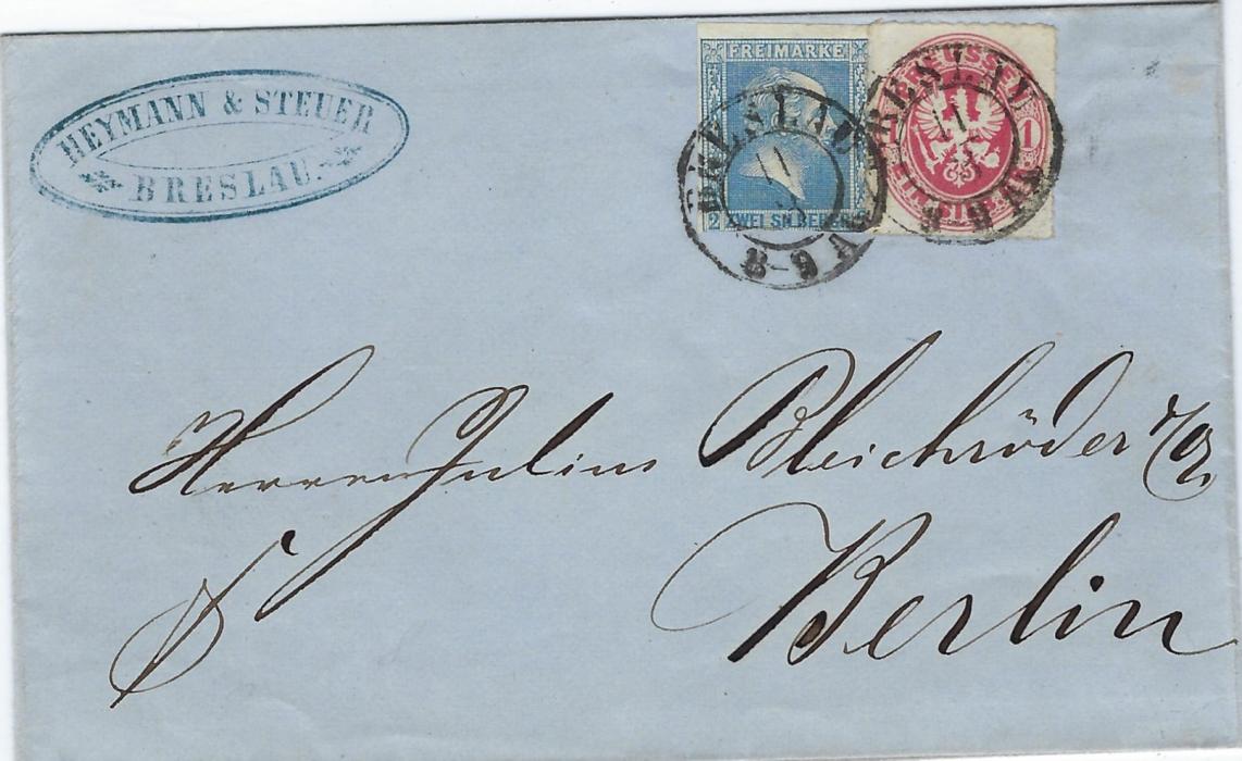 Germany (Prussia) 1861 mixed issue outer letter sheet to Berlin franked 1858-60 2Sgr and 1861 1Sgr tied Breslau cds, the 2Sgr. with touched margin at base, otherwise fresh condition.
