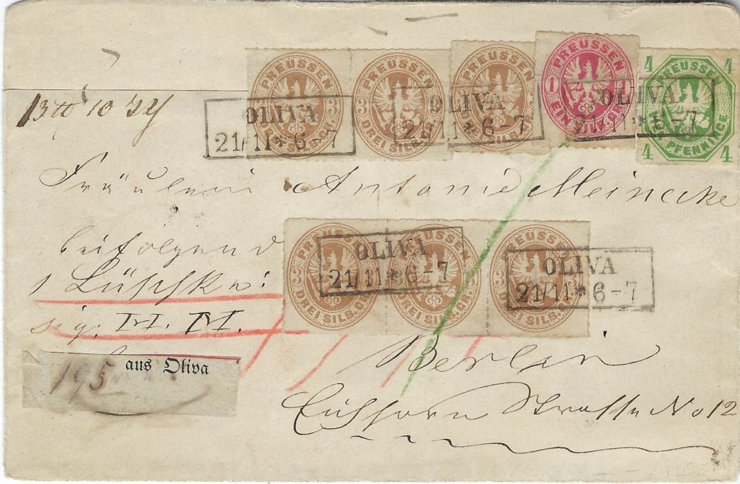 German States (Prussia) 1860s packet letter to Berlin franked 1861 4pf. green, 1Sgr. rose and 3Sgr. (6, with single pair and strip of three) tied framed two-line OLIVA date stamps, Aus Oliva label at left; red wax seal cut out from reverse otherwise fine and attractive. 