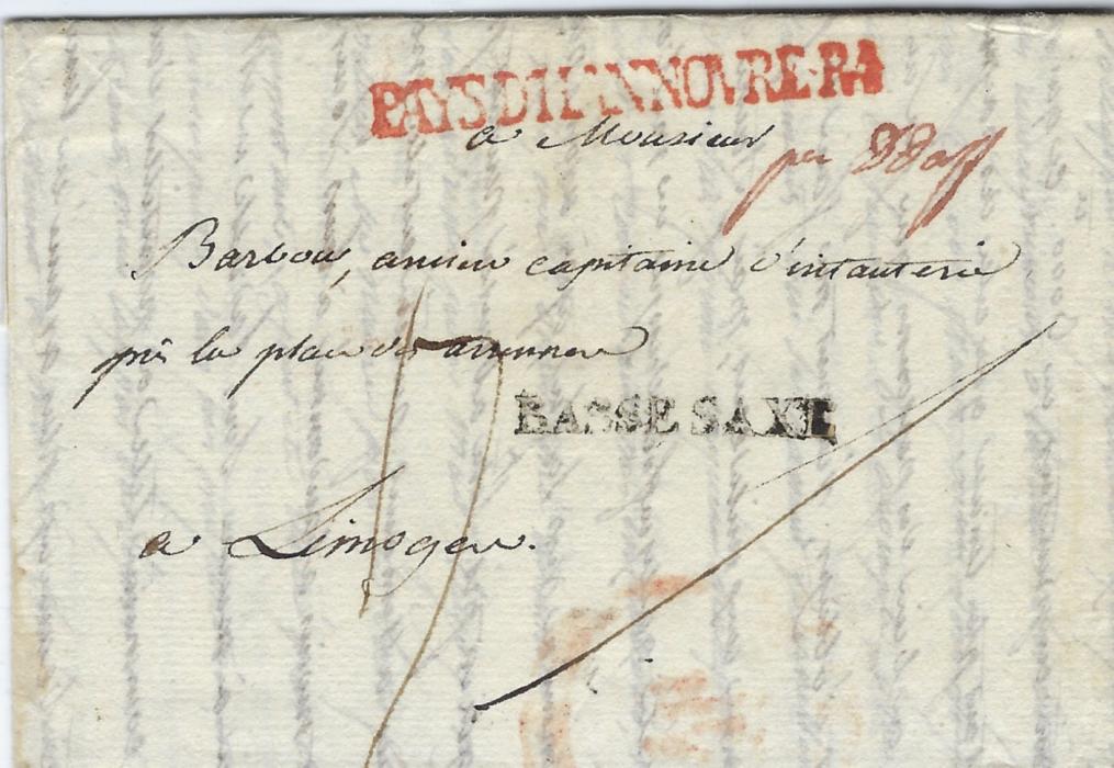 Germany (Hannover – Thurn Taxis) 1806 long entire to France bering very fine red straight-line PAYS D’HANNOVRE R4 and straight-line BASSE-SAXE; a fine cover during the French Occupation.