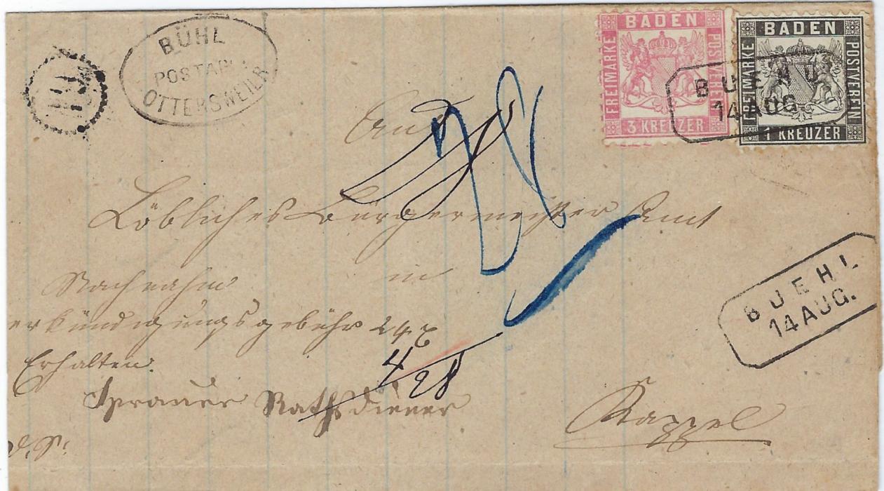 Germany (Baden) 1867 part entire franked 1862 perf 10 1k and 3k tied framed Buehl/ 14 AUG. date stamp, at left oval framed Buhl/ Postabl/ Ottersweil with postmans routing number alongside.