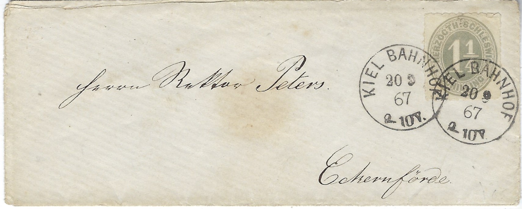 Germany (Schleswig-Holstein) 1867 (20 9) cover to  Eckernforde bearing single franking 1867 1 ¼ S grey tied by two very fine strikes of Kiel Bahnhof cds, arrival backstamp of same date