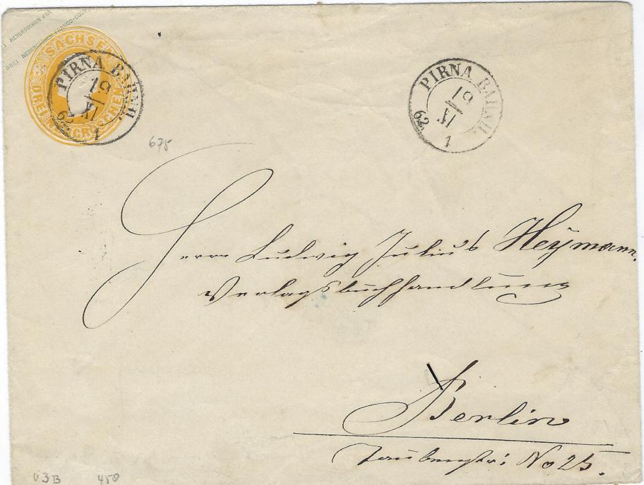 Germany (Saxony) 1862 (19/XI) 3Ngr larger size first issue postal stationery envelope to Berlin cancelled Pirna Bahnh. cds, repeated at right, arrival backstamp; tear in backflap, otherwise fine. 