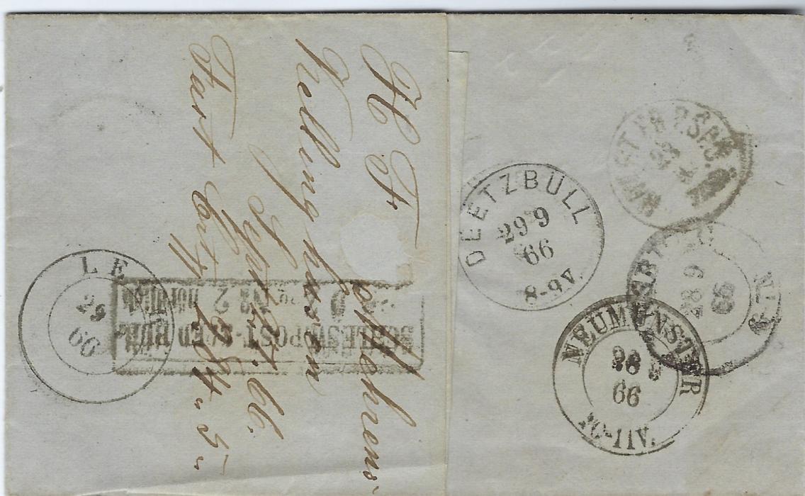 Germany (Schleswig-Holstein) 1866 (28 9) entire franked 1865 1¼S tied Kellinghusen double-ring cds, reverse with various transits including Deetzbull, Neumunster and Leck together with large framed Schlesw.Post-Sped.Bur./ Zug No. 2 two-line tpo