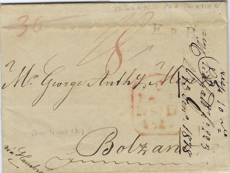Germany (Bremen transit mail) 1817 entire from Leeds, England to Bolzano, Italy, endorsed 