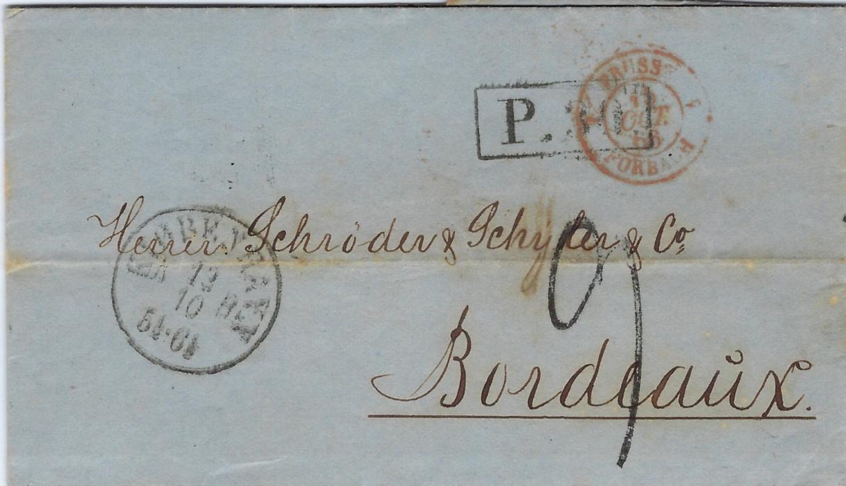 Germany (Lubeck) 1866 entire from Copenhagen, Denmark to Bordeaux bearing despatch cds at left, stamped  framed P.38 handstamp overstruck with red French entry PRusse Forbach, reverse with fine accountancy 1 1/2 a.P. applied at Lubeck in association with three line tpo LUBECK/ (date)/ LAUENBURG, Paris transit and Paris A Bordeaux tpo; horizontal filing crease.