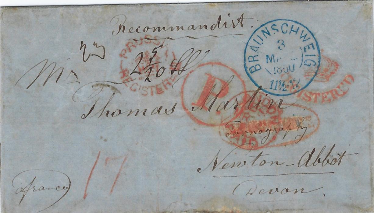 German States (Brunswick) 1860 (3 Marz) registered outer letter sheet to Newton Abbot, England bearing double-ring Braunschweig date stamp, red circular framed ‘P’ and cursive (Crown)/ REGISTERED handstamp, Prussia/ (crown)/ Registered and London Paid cancels, arrival backstamp of MR 5.