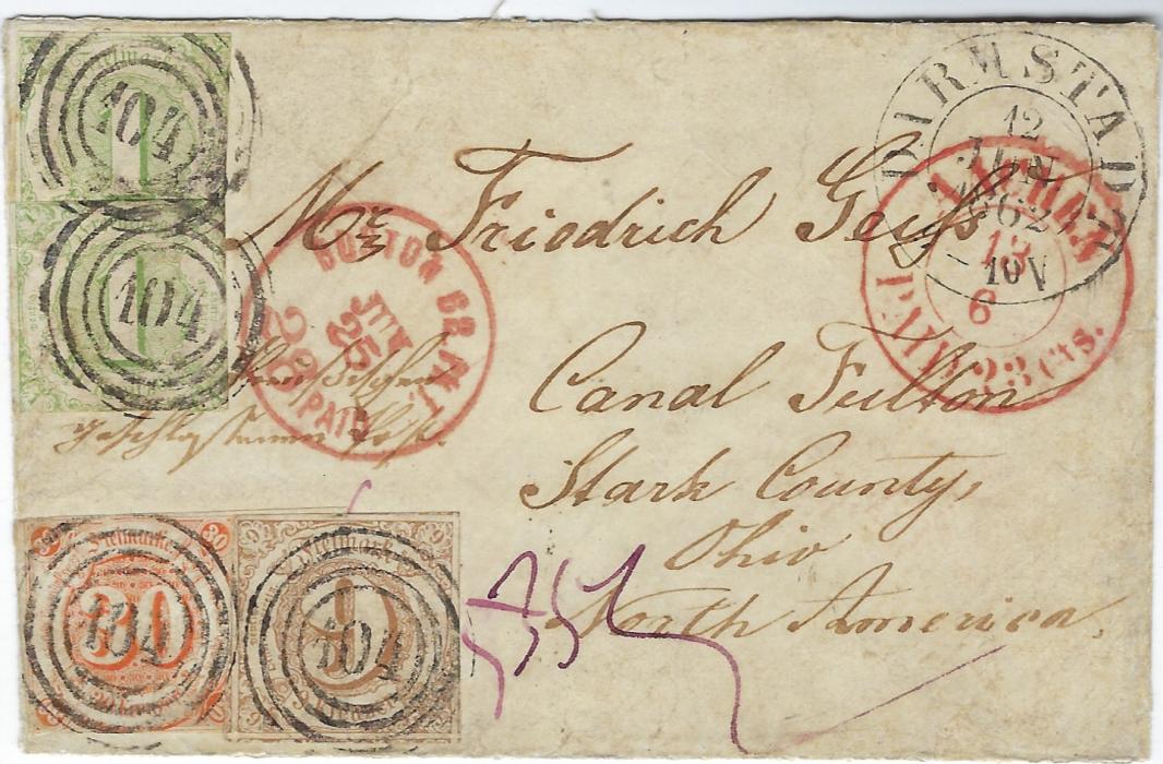 German States (Thurn und Taxis) 1862 (12 Jun) cover to Canal Fulton, Stark County, Ohio franked 1859-61 1Kr. (2), 9Kr. and 30Kr., the 1Kr with touched margins, the 9Kr. with large margins showing parts of 7 adjoining stamps and 30Kr. with touched margin bottom left, a right-hand marginal, tied 104 four-ring numerals, Darmstadt despatch top right overstruck red transit Aachen Paid 23 Cts and Boston Br Pkt 28 Paid, reverse with Mainz/Coln tpo and Bahnpost Mainz-Bingen date stamp.