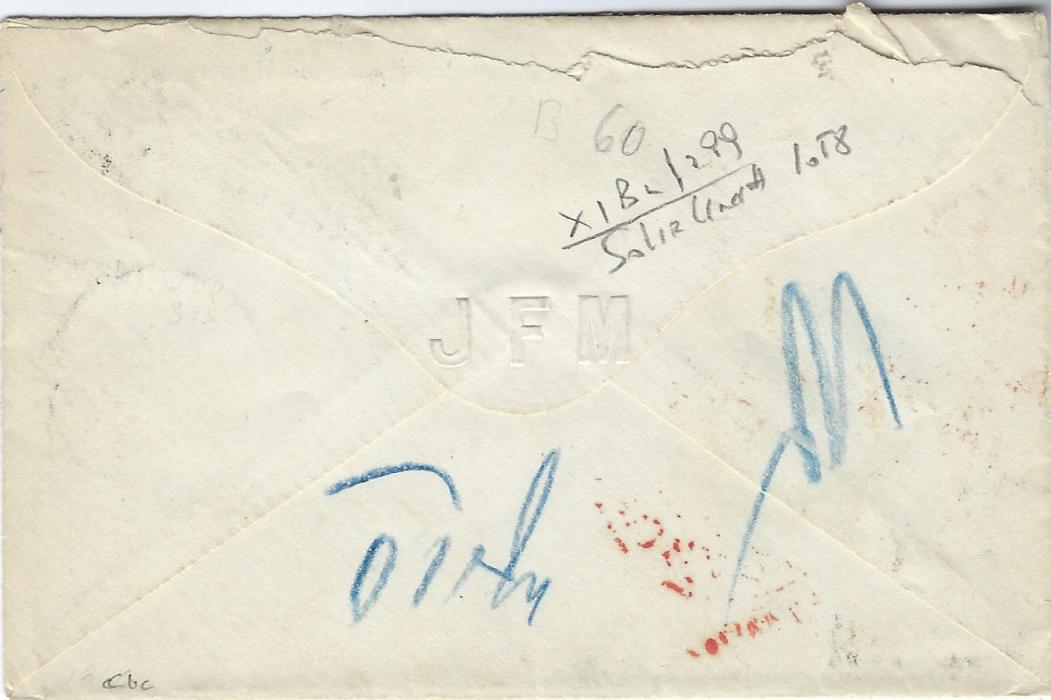 German States (Thurn und Taxis) 1860s cover to Walden, Orange County, New York franked 1859-61 5 Sgr.  (2, with touched margins) and 1865-66 rouletted 2 Sgr. dull blue tied 234 four-ring numerals, Jena  cds in association, red transit Aachen Paid 23 Cts and New York Am Pkt ? Paid, attractive neat transatlantic cover.