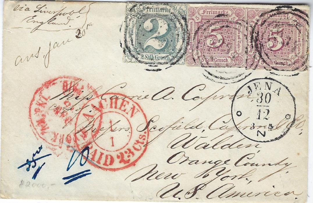 German States (Thurn und Taxis) 1860s cover to Walden, Orange County, New York franked 1859-61 5 Sgr.  (2, with touched margins) and 1865-66 rouletted 2 Sgr. dull blue tied 234 four-ring numerals, Jena  cds in association, red transit Aachen Paid 23 Cts and New York Am Pkt ? Paid, attractive neat transatlantic cover.