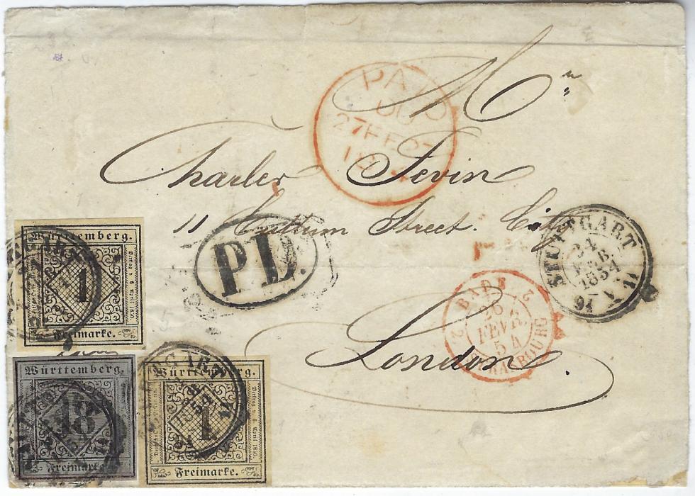German States (Wurttemberg) 1854 outer letter sheet to London, franked first issues 1Kr. (2) Mi 1c. and 18Kr. i. 5) cancelled Stuttgart cds, oval-framed P.D., red French entry cds and arrival date stamp. The top 1Kr. affected by filing crease and lower example repaired margin, the 18Kr. also with repaired margins. Repaired but fine appearance showing the rare 1Kr. seidenpapier, H. Thoma certificate.