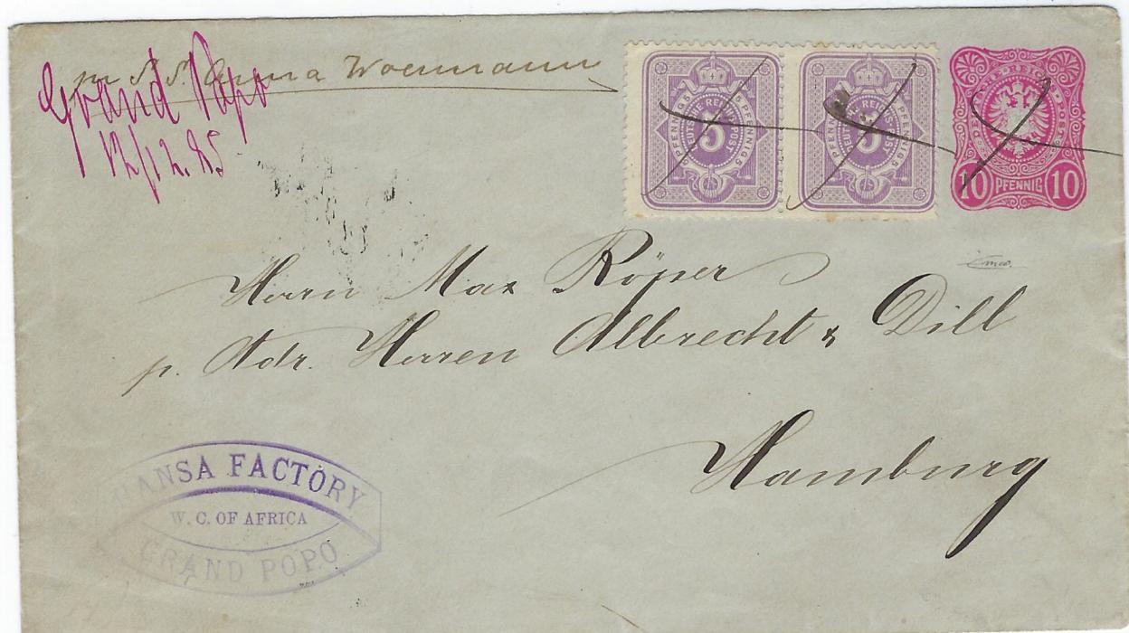 German Colonies (Togo) 1885 (12/12) commercial 10pf stationery envelope additionally franked 1880 5pf horizontal pair to Hamburg  from Hansa Factory, Grand Popo, endorsed to travel by Woermann Ship, this overstruck by red manuscript Grand Popo 12/12 85, the stamps with black pen crosses, arrival backstamp; fine condition.