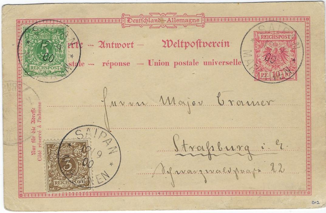 German Colonies (Mariana Islands) 1900 (12/9) 10pf reply postal stationery card additionally franked overprinted 3pf and 5pf tied Saipan Marianen cds, reverse with incoming transits of New York (Mar 2 and Mar 3), San Francisco (Mar 8), Hong Kong (AP 19), Mil Sta. No.1 Manila Philippine (AP 25) and Sydney (MY 15), on front at left is part Strassburg final arrival cds. Fine and extremely rare reply stationery card.