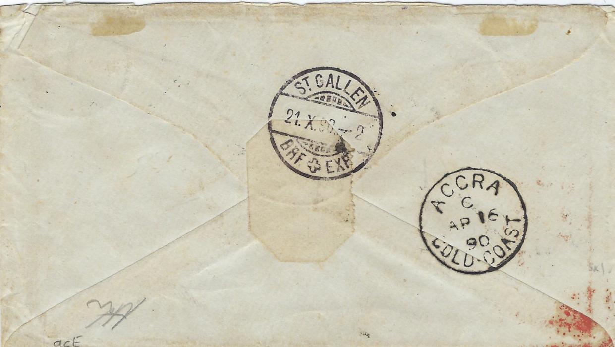 German Colonies (Togo) 1890 (8/4) cover to Lagos bearing Germany 20pf. forerunner tied Klein-Popo cds, Lagos W. Africa arrival cds, re-addressed to St Gallen, Switzerland with red FORWARD handstamp, Liverpool transit, reverse with Accra transit and arrival cds; fine early cover, Ex Sacher.
