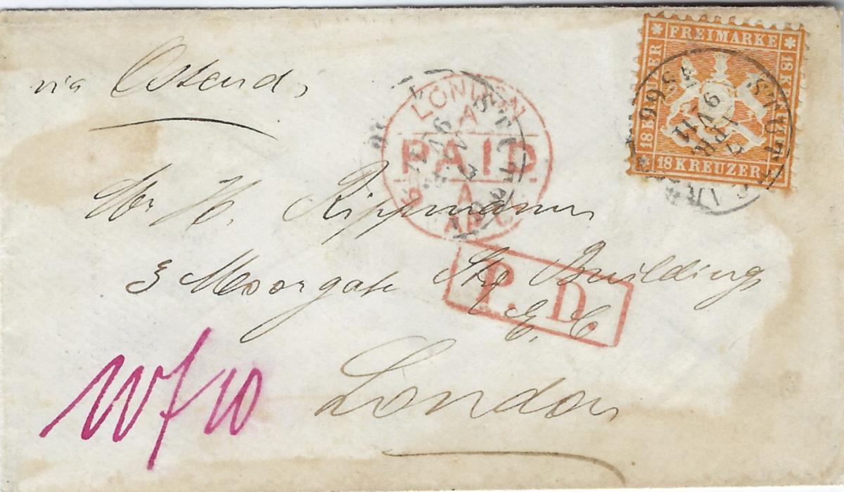 German States (Wurttemberg) 1866 (7 Apr) cover to London bearing single franking 1863 perforated 18Kr. orange-yellow tied Stuttgart cds, endorsed “via Ostend”, framed red P.D.  and “Wf 10” manuscript, reverse with Mainz/Coeln tpo and transit; some slight water staining to envelope, H.Thoma certificate.