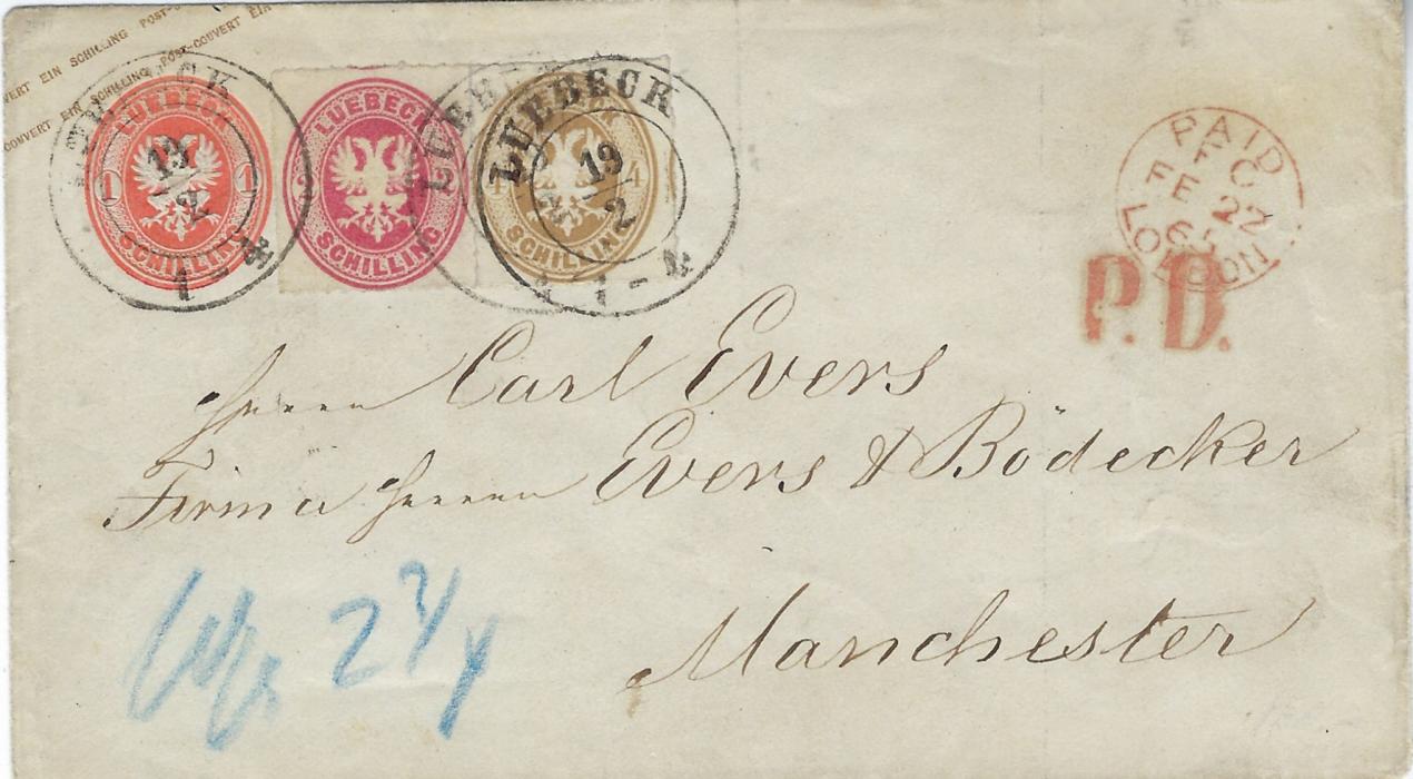 German States (Lubeck) 1863 1Sch red-orange postal stationery envelope sent on 19/2 1865  to Manchester, England additionally franked 1863 2Sch. and 4Sch. tied by three Luebeck double-ring cds, blue “Wfr 2 ¾” manuscript accountancy, red P.D. handstamp and Paid London transit, arrival backstamp. An extremely fine example of 7Sgr rate to England, Ebel and Engel BPP handstamps on reverse and Volker Mehlmann certificate.